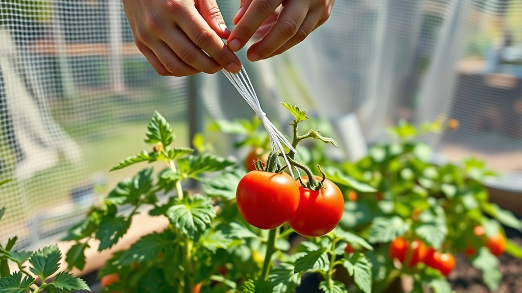 Close-up of gardener's hands installing fine mesh bird netting over raised garden bed with tomato plants, sunny day, protective equipment visible