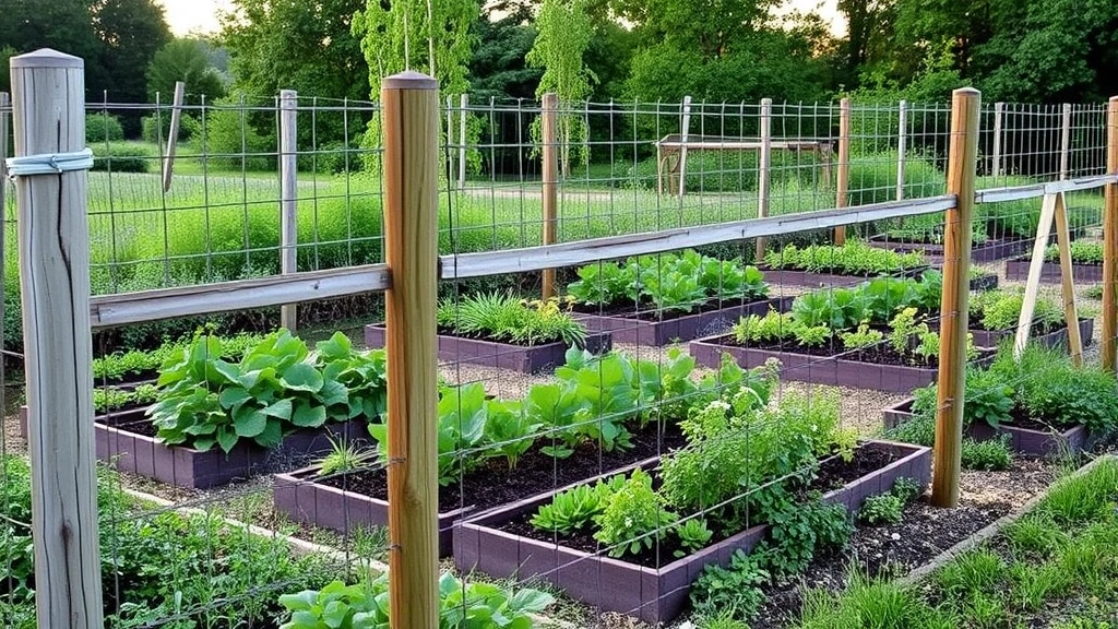 Garden fence with sturdy construction surrounding vegetable beds, mixed plantings visible, morning or golden hour lighting, natural garden setting
