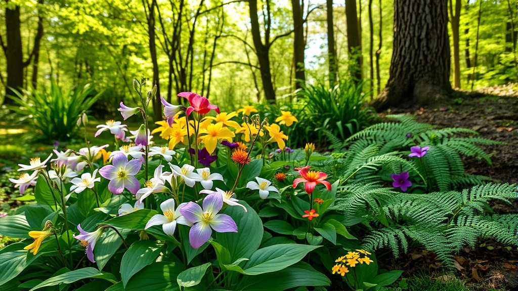 Vibrant native wildflowers blooming in spring woodland garden setting with shade-dappled light filtering through trees, featuring trilliums and ferns in natural arrangement