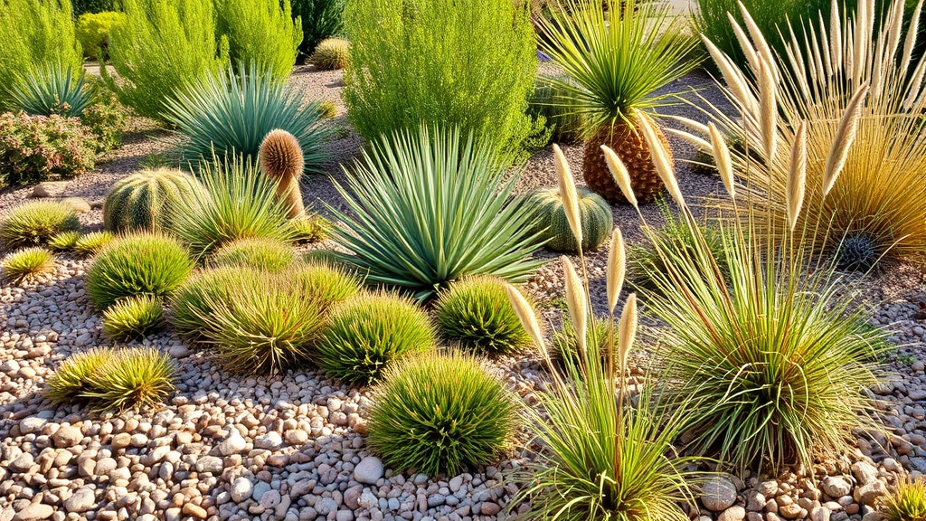 Desert landscape garden featuring drought-tolerant native plants including sedums, yuccas, and native grasses with warm sunlight and visible seed heads, rocky mulch base