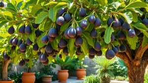 Mature fig tree laden with ripe purple figs hanging from branches, sunlit Mediterranean garden setting with clay terracotta pots and lush green foliage surrounding the tree