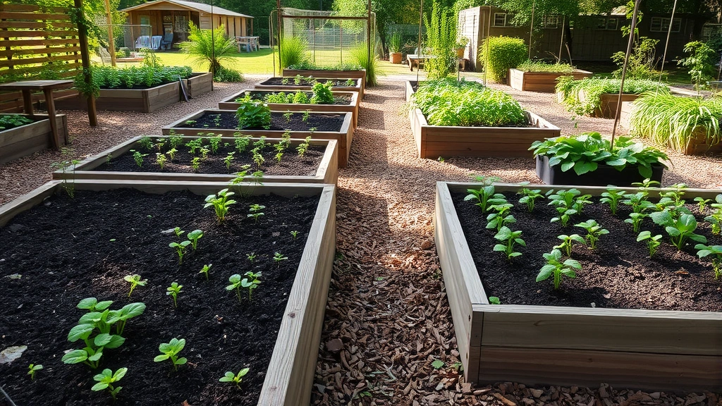 Raised garden beds filled with dark rich soil, neat rows of young vegetable seedlings and berry plants, wooden mulched pathways, dappled sunlight through garden structures