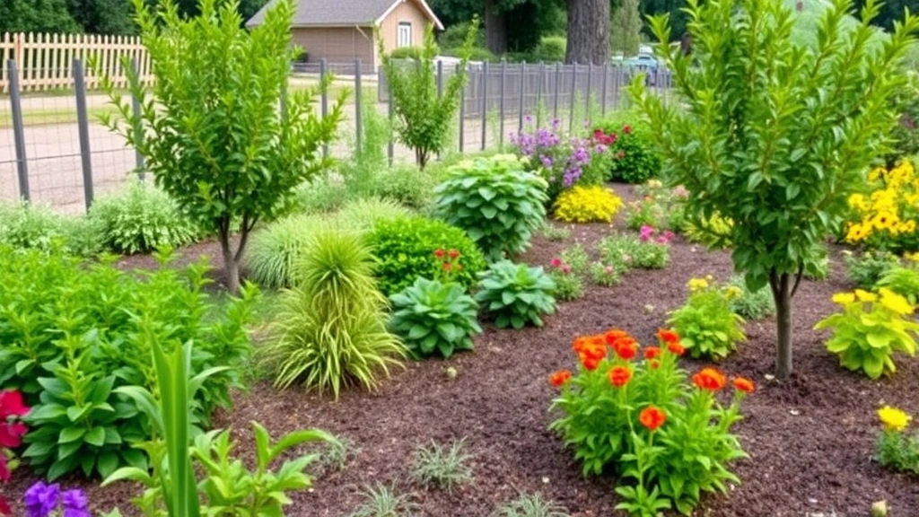 Mature productive garden landscape showing perennial plantings, fruit trees, flowering shrubs, and established beds with drip irrigation system visible, peaceful outdoor space