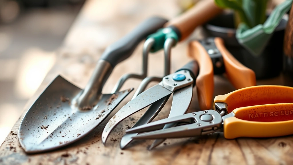 Close-up of organized gardening hand tools including spade, fork, trowel, and pruners arranged on wooden potting bench with soft natural lighting