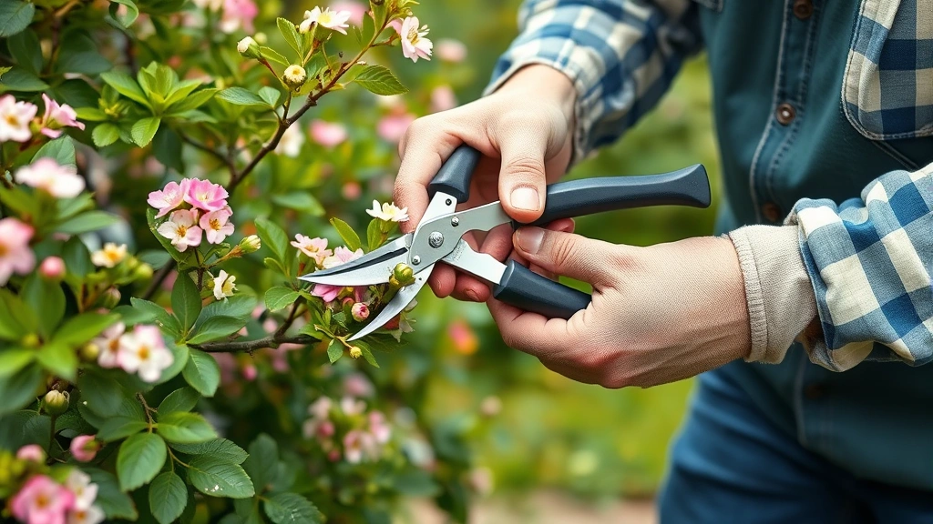 Gardener using quality pruning shears on flowering shrub, demonstrating proper technique with sharp bypass pruners cutting clean through green stem