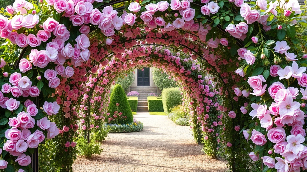 Romantic garden archway covered in climbing roses and clematis vines in full bloom, creating a tunnel of pink and purple flowers over a gravel pathway, afternoon sunlight filtering through blooms
