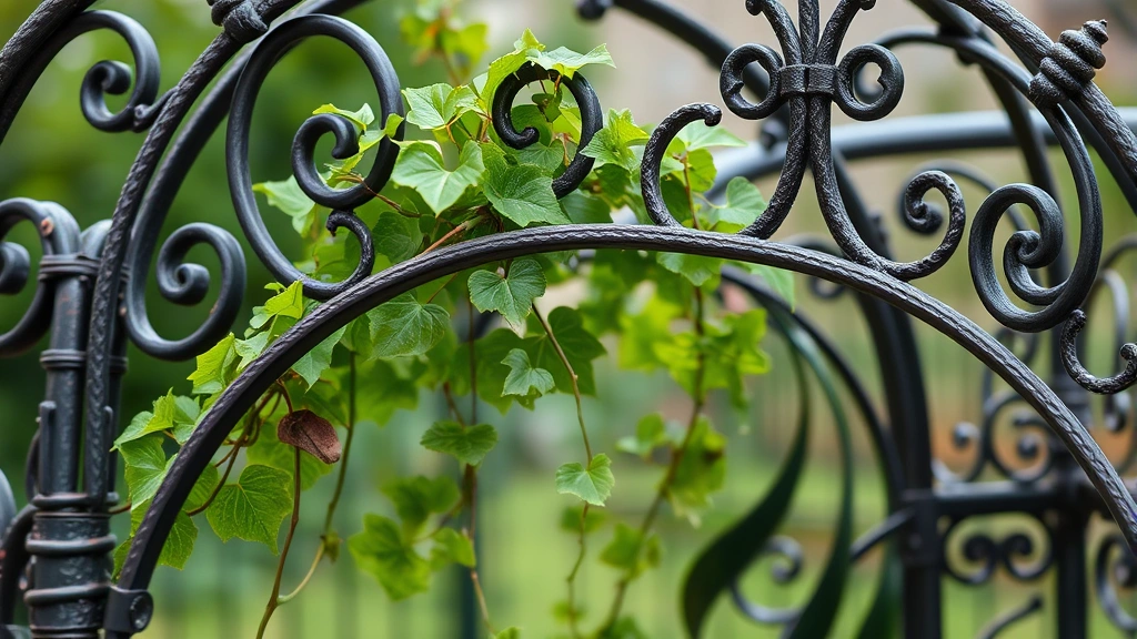 Close-up detail of wrought iron garden arch structure showing intricate scrollwork and decorative details, with fresh green climbing ivy beginning to weave through the metalwork