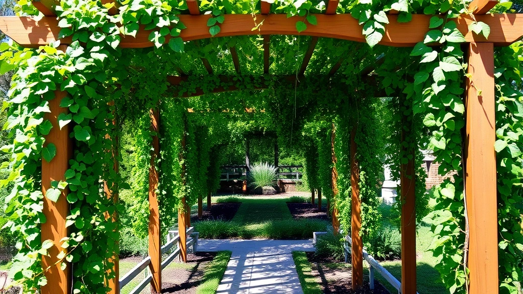 Wooden arbor arch spanning a garden pathway with mature climbing plants creating a lush green canopy, dappled shade falling on the ground below, garden beds visible on either side