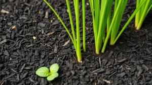 Close-up of rich dark mulch spread evenly across garden bed around green plant stems, showing proper 2-3 inch depth coverage with soil visible at edges, natural daylight