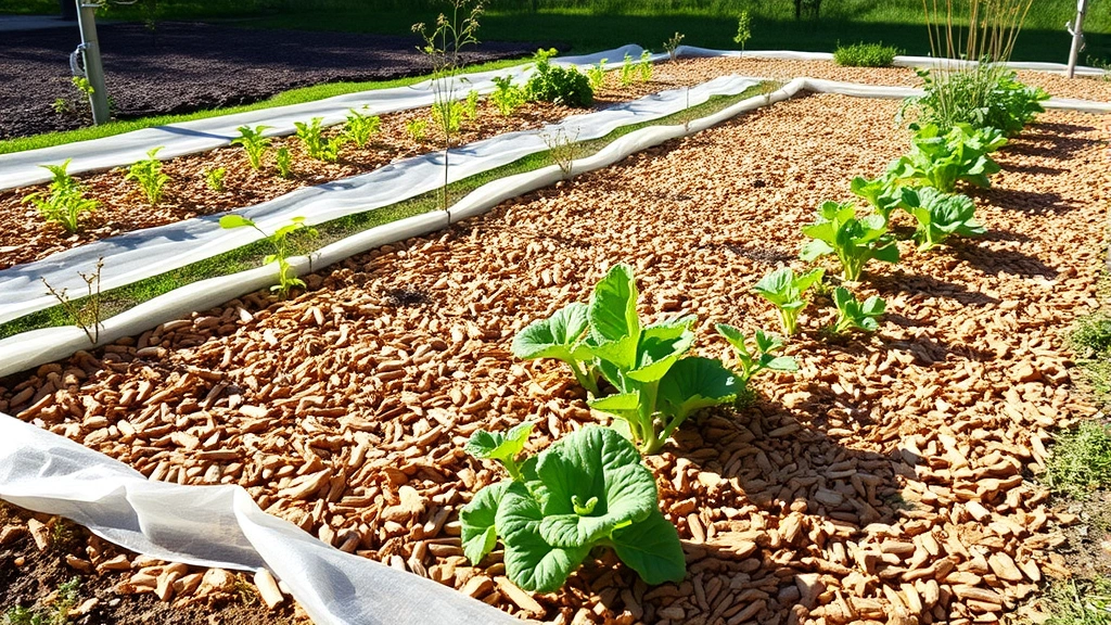 Wide garden bed scene with layered protection: landscape fabric visible under tan wood chip mulch, with colorful vegetable plants emerging, morning light, no people
