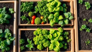 A vibrant overhead view of multiple rectangular raised garden beds filled with rich dark soil, with diverse green vegetables including tomato plants, lettuce, and herbs growing abundantly in full sunlight, wooden cedar frame construction visible