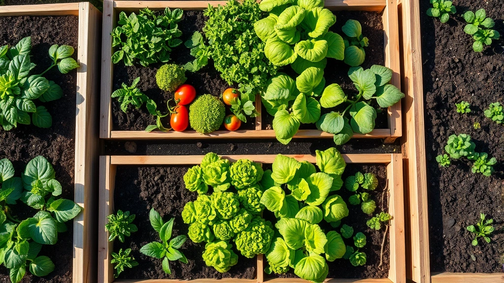 A vibrant overhead view of multiple rectangular raised garden beds filled with rich dark soil, with diverse green vegetables including tomato plants, lettuce, and herbs growing abundantly in full sunlight, wooden cedar frame construction visible