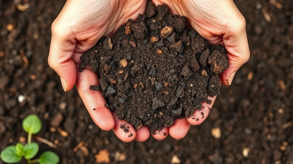 Close-up of hands holding dark composted soil mixture above a raised bed, showing the quality texture of premium growing medium with visible organic matter and nutrients