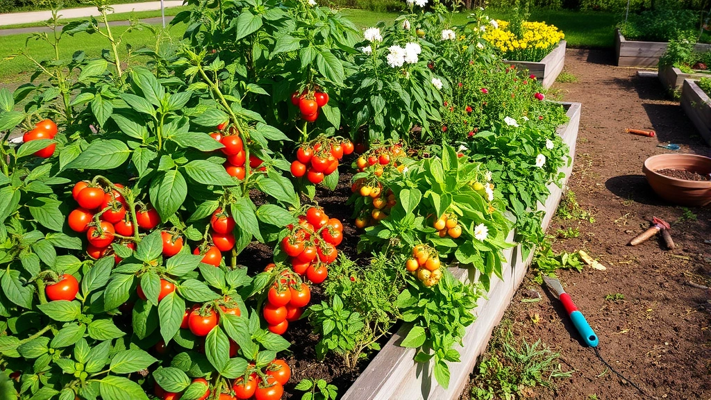 Mature raised garden bed overflowing with productive plants including cherry tomatoes, basil, peppers, and flowering herbs at peak harvest season, with wooden pathways and garden tools nearby in afternoon light