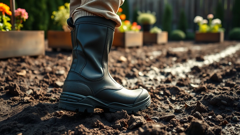 Gardener wearing durable waterproof boots standing in muddy garden bed with raised planters and flowering plants, close-up of boot sole showing deep treads, morning light