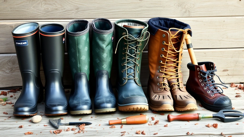 Multiple garden boots lined up displaying different styles including wellington, lace-up work boot, and hiking boot on weathered wood surface with scattered gardening tools