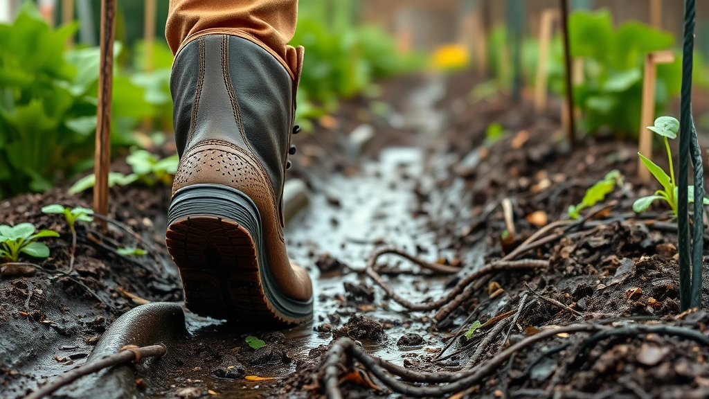Gardener's feet in quality boots walking through wet vegetable garden with rain-soaked soil, water droplets on boot, green plants and stakes visible, overcast day