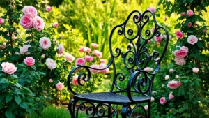 Elegant wrought iron Victorian garden chair with ornate scrollwork and curved backrest in black finish, positioned in a lush garden setting with flowering roses and climbing vines in soft afternoon light