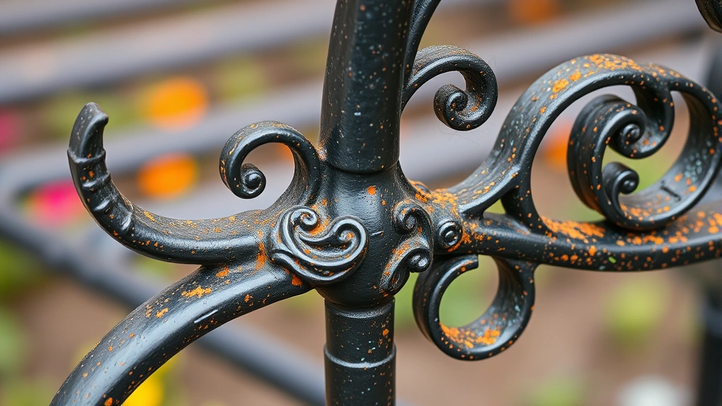 Close-up detail of hand-forged wrought iron decorative scrollwork and joint connections showing craftsmanship and metalwork detail on a garden chair frame