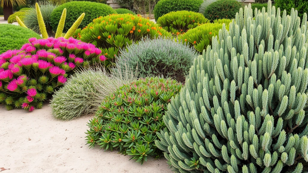 Lush coastal garden with wax myrtle, yaupon holly, and rosemary plants thriving in sandy soil with ocean breeze, salt-tolerant landscape design