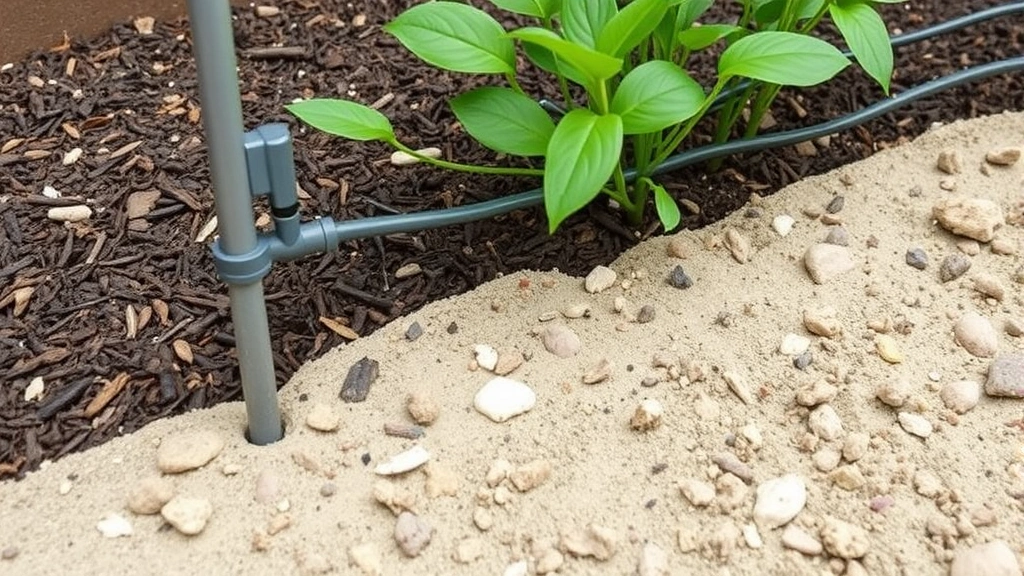 Drip irrigation system installed in raised garden bed with mulch layer, showing water delivery to plant roots in sandy coastal soil