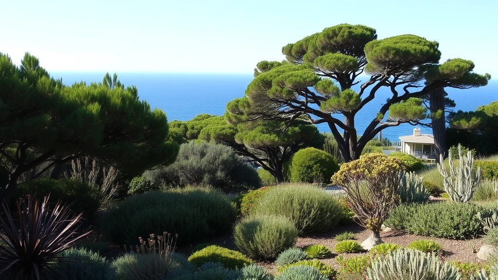 Mature coastal landscape with windbreak of live oak and native trees protecting delicate plantings, ocean view in background, salt-resistant garden