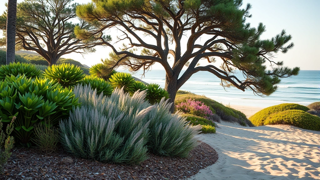 Photorealistic coastal garden with salt-tolerant shrubs, live oak trees, and sandy soil with mulch, ocean breeze creating natural windbreak effect, morning light