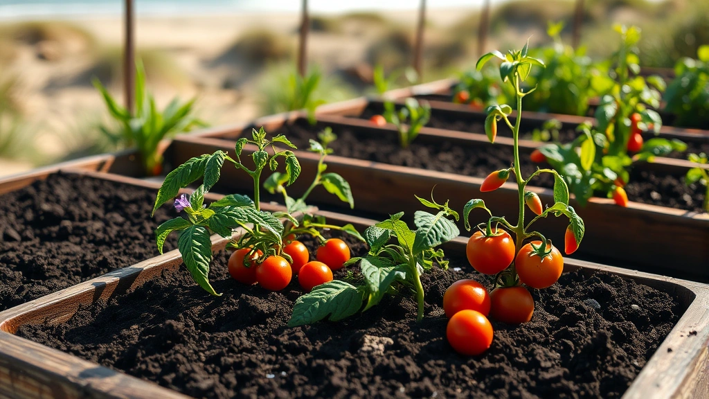 Raised garden beds filled with rich dark soil amendment, fresh vegetables growing including tomatoes and peppers, coastal dunes visible in soft focus background, sunny afternoon