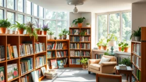Bright library interior with colorful gardening books displayed on wooden shelves, potted plants on windowsills, natural light streaming through large windows, cozy reading corner with comfortable seating surrounded by horticultural publications
