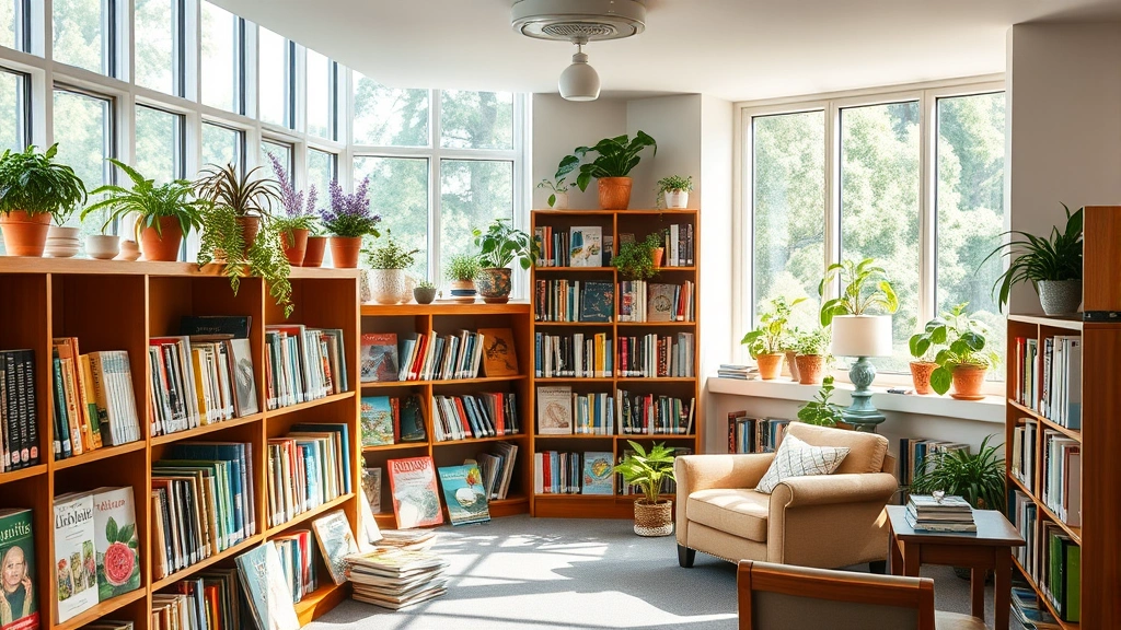 Bright library interior with colorful gardening books displayed on wooden shelves, potted plants on windowsills, natural light streaming through large windows, cozy reading corner with comfortable seating surrounded by horticultural publications