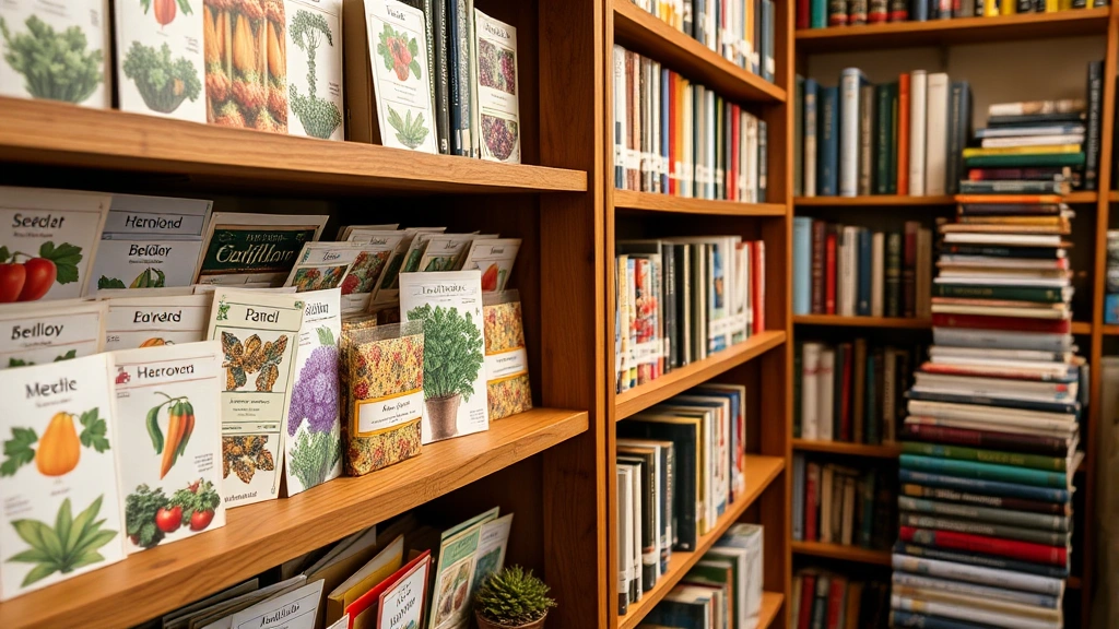 Close-up of diverse seed packets and plant containers organized on wooden library shelves, heirloom vegetable seeds visible, gardening reference books stacked neatly, warm library lighting highlighting botanical details