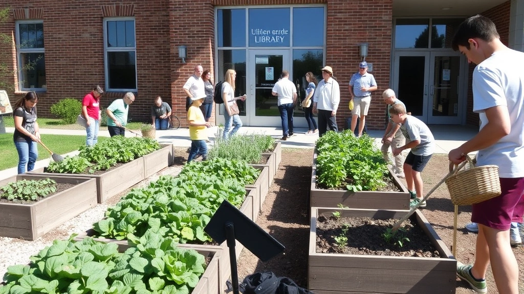 Community gardeners of various ages tending to raised garden beds outside a brick library building, green plants thriving, people holding gardening tools and harvest baskets, sunny outdoor learning space with library entrance visible
