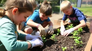 Elementary school students planting seedlings in a raised garden bed on a sunny day, wearing garden gloves and smiling, focused on the soil and small green plants