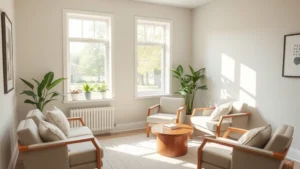 Peaceful therapy room with comfortable seating, natural light from windows, calming neutral colors, plants on windowsill, no people visible, welcoming clinical environment