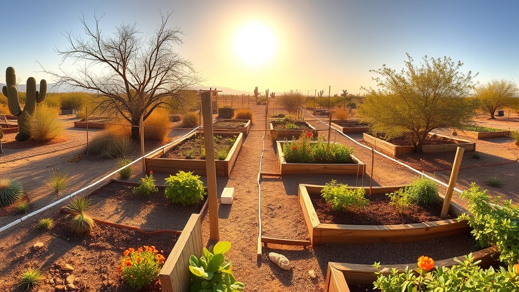 Wide-angle view of a thriving desert vegetable garden in West Texas with raised beds, drip irrigation lines, and native shrubs including lantana and cenizo under intense afternoon sunlight