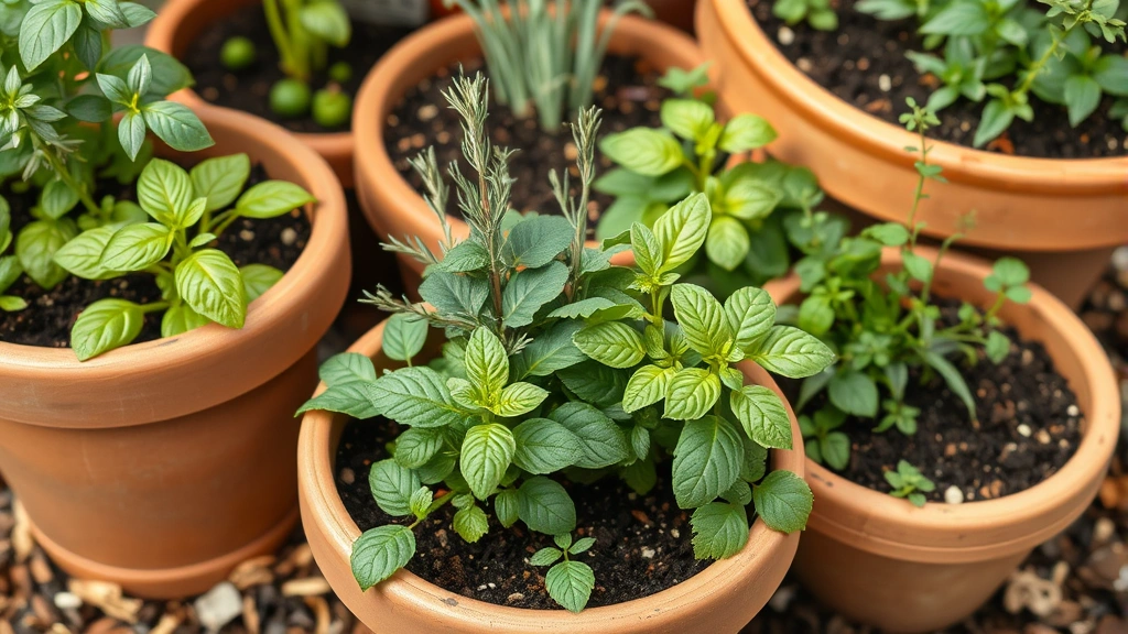 Close-up of container herbs including basil, rosemary, and oregano growing in decorative terra cotta pots with rich potting soil, grouped together with mulch ground coverage