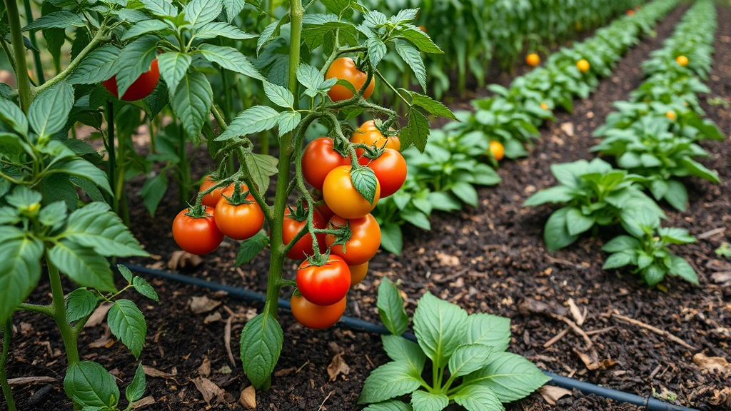 Detailed shot of a productive fall vegetable garden showing mature tomato plants with ripe fruit, pepper plants, and rows of leafy greens with heavy organic mulch coverage and drip irrigation visible