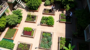 Overhead view of a sunny apartment complex courtyard with multiple raised garden beds filled with vibrant vegetables, herbs, and flowers, residents tending plants, water spigots visible, lush green surroundings