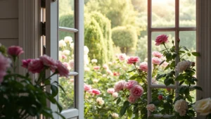 Close-up of a homeowner opening a beautiful French garden door with glass panes, revealing a lush flower garden with blooming roses and perennials in soft afternoon sunlight, realistic photographic style