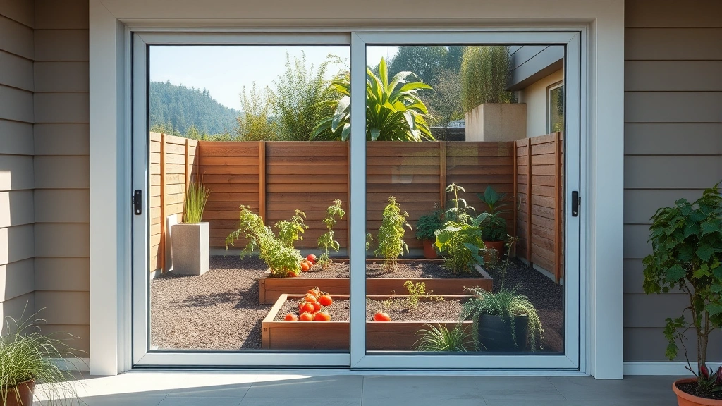 Wide angle view of a modern sliding glass garden door in a contemporary home exterior, with a well-maintained raised bed vegetable garden visible through the glass, showing tomato plants and herbs