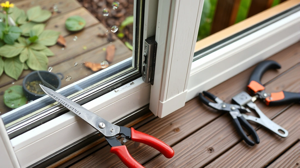Detail shot of a vinyl-framed garden door hardware and weatherstripping, with gardening tools like pruners and gloves resting nearby on a wooden deck, morning dew visible on the glass
