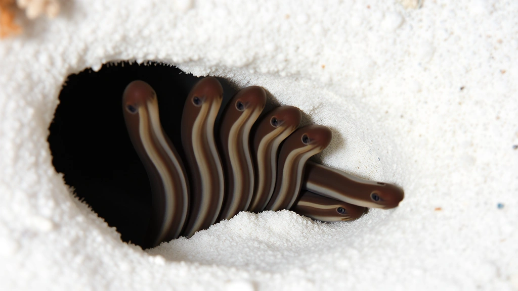 Detailed view of garden eel burrow entrance with multiple eels positioned vertically at different angles in fine white sand substrate, morning feeding behavior