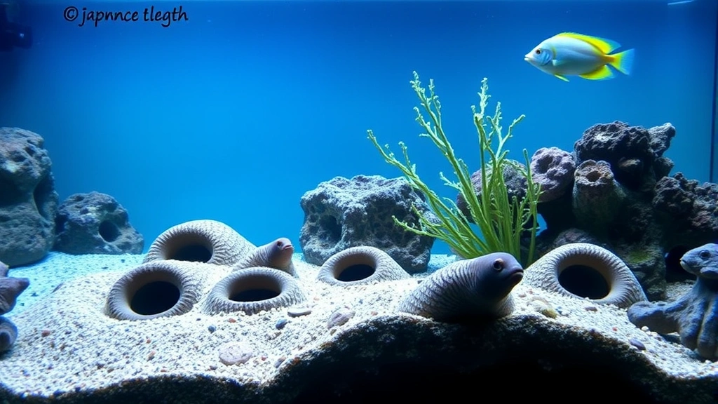 Garden eel community in established aquarium tank with multiple burrows visible in foreground, soft blue-green background lighting, peaceful reef fish swimming nearby