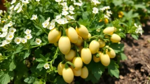 Close-up of small pale yellow egg-shaped vegetables growing on a compact green bush plant with white flowers, bright sunlight, fertile garden soil visible