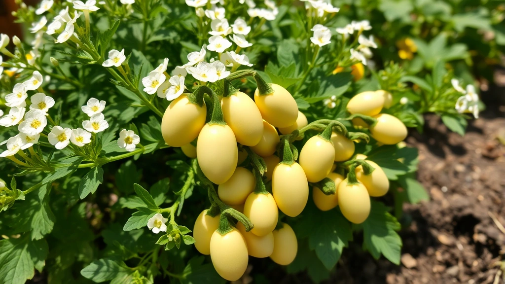 Close-up of small pale yellow egg-shaped vegetables growing on a compact green bush plant with white flowers, bright sunlight, fertile garden soil visible