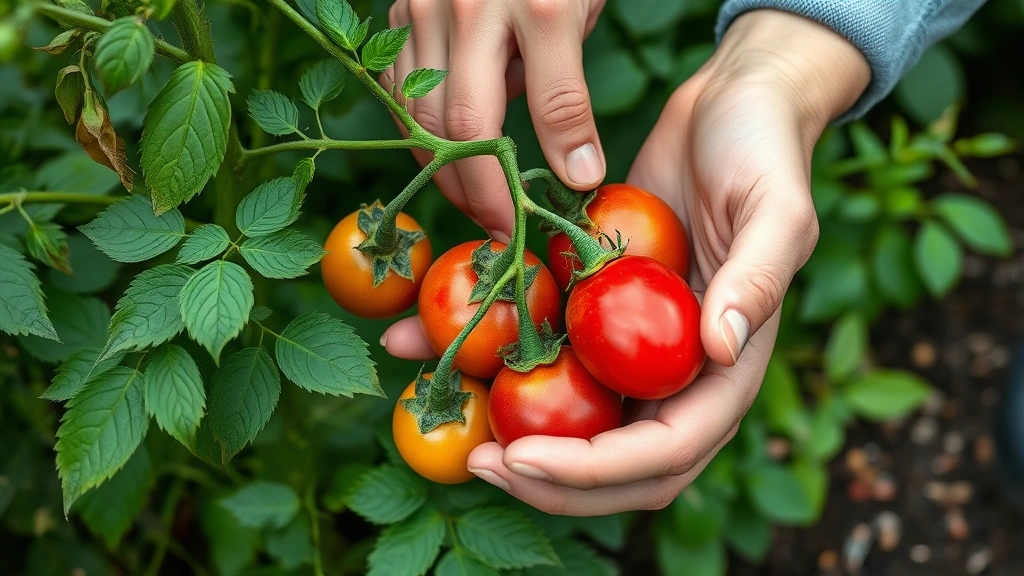 Gardener's hands harvesting ripe garden eggs from a productive plant, showing glossy unblemished fruits at peak ripeness, lush foliage in background