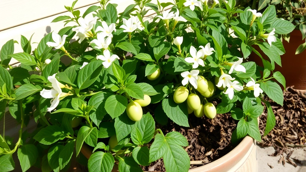 Thriving garden egg plant in a large container on a sunny patio, full of white flowers and developing fruits, healthy green foliage, well-maintained soil with mulch