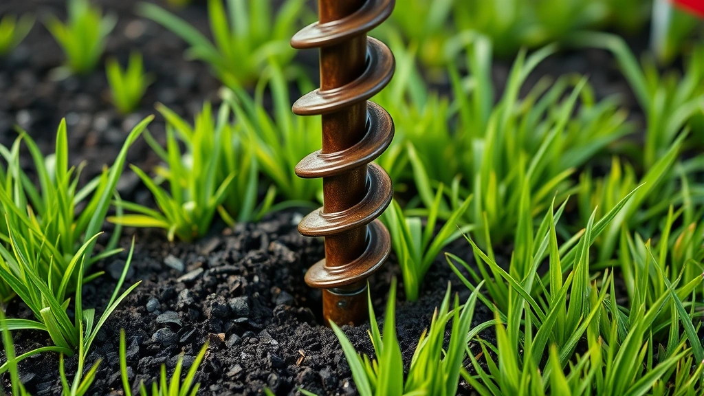 Close-up of spiral auger garden flag holder twisted into rich dark soil with vibrant green grass surrounding the installation point, showing the corkscrew base design and rust-resistant finish