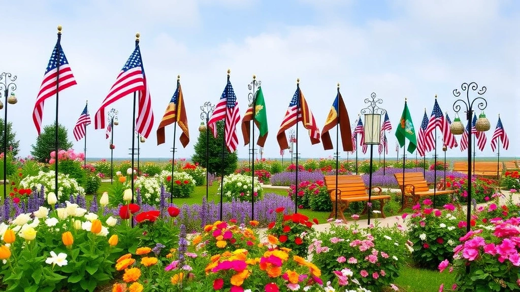 Wide landscape view of multiple decorative garden flag holders displaying seasonal flags throughout a blooming flower garden, with various flag holder styles positioned at different heights among flowering plants and garden beds