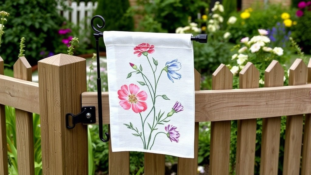 Detail shot of a powder-coated steel flag holder mounted on a wooden fence rail with a crisp garden flag displaying botanical designs, showing the mounting hardware and fence integration in a cottage garden setting